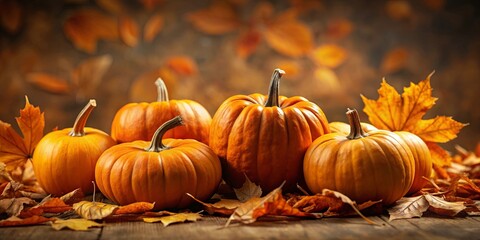 Naklejka premium A cluster of orange pumpkins resting on a wooden surface surrounded by fallen autumn leaves.