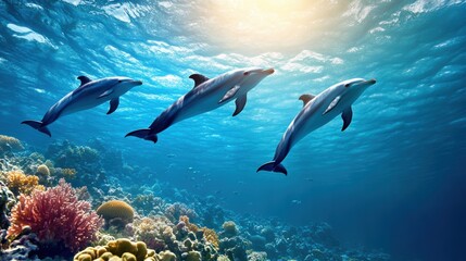 Fototapeta premium Playful Dolphins Swimming in a Vibrant Coral Reef