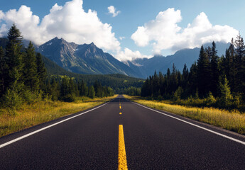 Fototapeta premium A picturesque highway meanders through lush forests and majestic mountains, showcasing nature's beauty under a bright blue sky adorned with fluffy clouds.