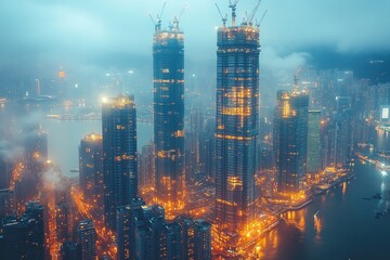 Fototapeta premium Aerial view of Hong Kong skyline at night