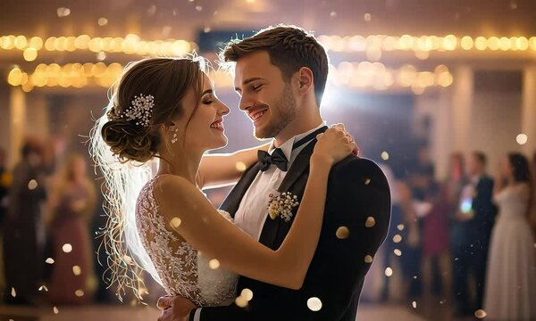 Happy Bride and Groom Dancing at Wedding Reception with ai generated.
