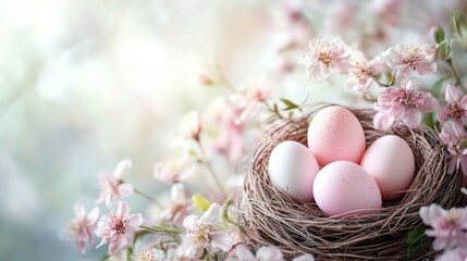 Decorative nest with pastel eggs, surrounded by blooming flowers on a soft spring background.