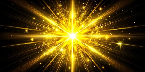Fototapeta premium Golden Rays of Light Radiate Outward From a Central Point Surrounded by a Shower of Sparkling Dust