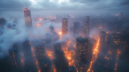 Fototapeta premium Foggy city morning with sun rays piercing through images