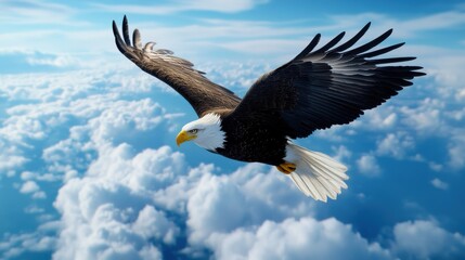 Obraz premium Majestic Eagle Soaring Above Fluffy White Clouds