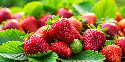 Close-up of ripe red strawberries with green leaves, showcasing their natural beauty and juicy texture