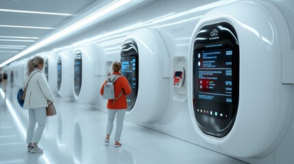 Futuristic transit station equipped high-tech digital display panels interactive guidance systems. AI generated