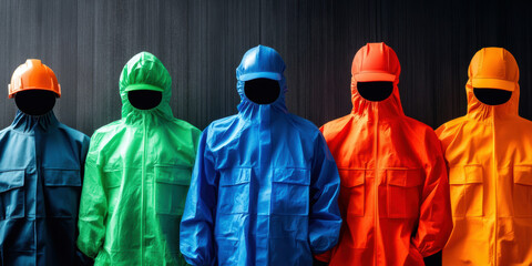 A striking lineup of colorful safety attire, including sleek hats and jackets in blue, green, orange, and yellow, emphasizing modern protective clothing for various work environments.