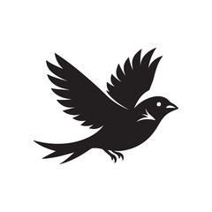 A minimalistic black silhouette of a sparrow mid-flight, its wings extended as it darts forwards