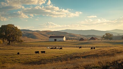 Obraz premium Rural Farm Landscape with Cattle Grazing