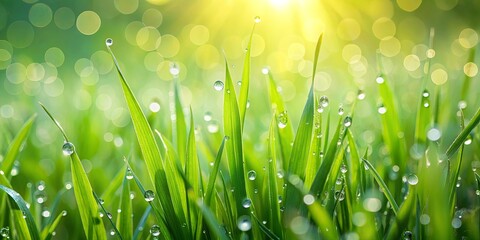 Fototapeta premium Dewdrops glistening on blades of grass in the morning light, creating a mesmerizing spectacle of nature's artistry.
