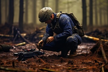 Soldier crouches in a forest, carefully inspecting equipment during a military exercise