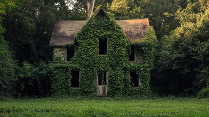 Tranquil Beauty of Nature Reclaiming Abandoned House with Ivy-Covered Walls