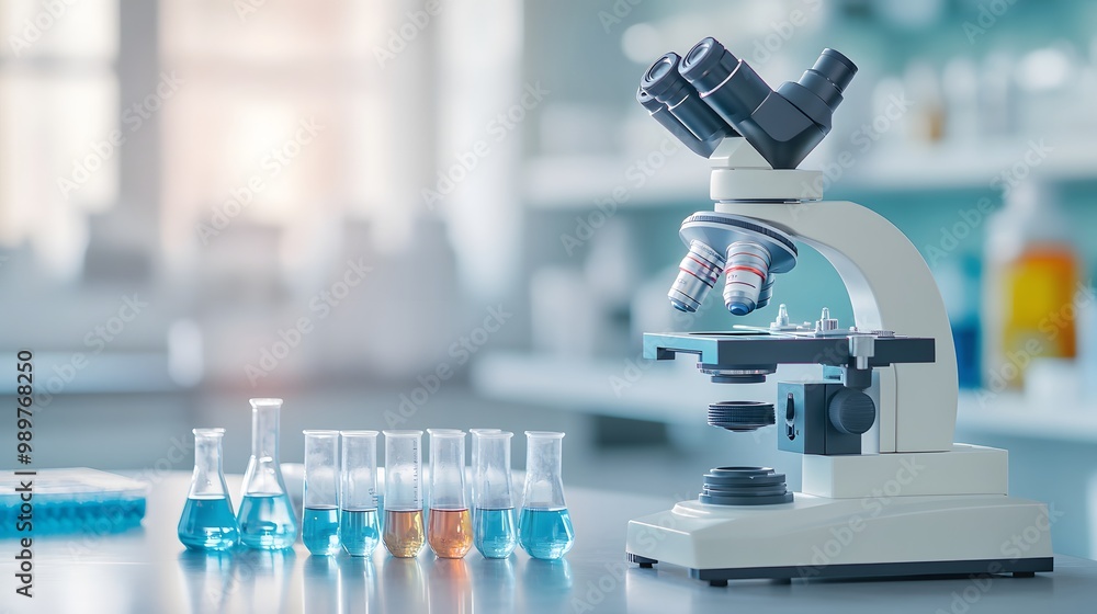 Aufkleber microscope and lab equipment on a table in a laboratory setting