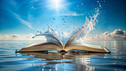An open book floating on tranquil water with a burst of water droplets cascading from its pages, illuminated by a bright sun shining through the clouds