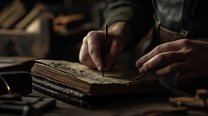 A Craftsman's Touch: A Close-up of a Hand Writing in an Old Book
