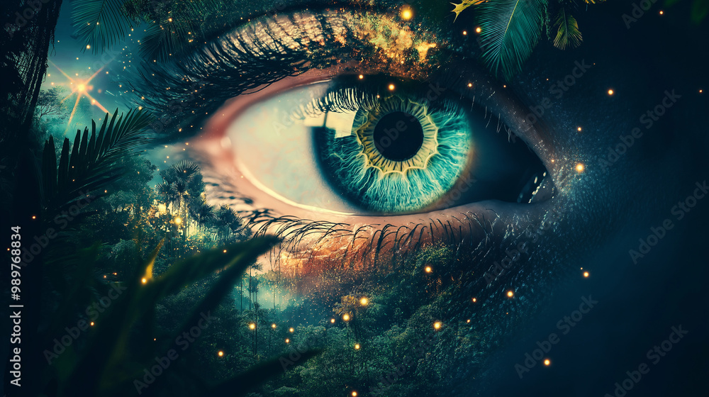 Poster a mesmerizing and surreal composition featuring a close-up of a human eye blending seamlessly with a