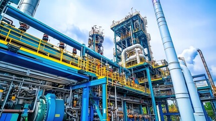 Fototapeta premium Industrial facility with large pipes and structures under a blue sky.