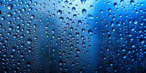 A symphony of water droplets on a cobalt blue surface, a mesmerizing display of natural beauty and texture