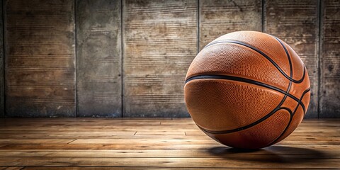 Obraz premium A Close-Up Shot of a Basketball Resting on a Wooden Floor with a Distressed Concrete Wall in the Background