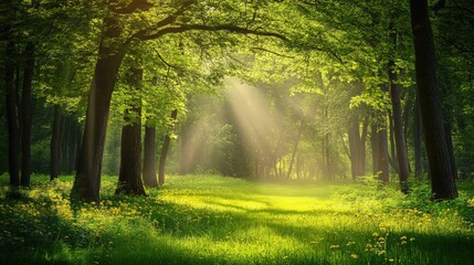 Obraz premium Serene Morning in Lush Green Forest with Eco-Friendly Scenery