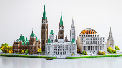 Fototapeta premium Detailed Miniature Model of Iconic Buildings with Green Roofs and a Golden Dome