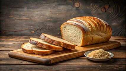 Sliced loaf of bread on a wooden cutting board,  with breadcrumbs in a white bowl on a rustic wooden table
