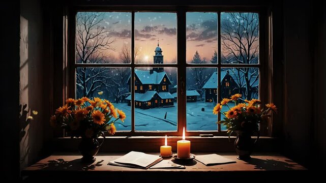 Cozy winter scene with a window view of a snow covered town and a lit candle on the windowsill. Seamless looping 4k time-lapse virtual background
