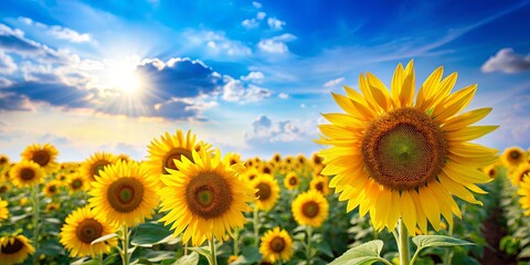 A vibrant field of sunflowers basking in the golden glow of the setting sun, their bright yellow petals reaching towards the heavens against a backdrop of blue sky and fluffy clouds.