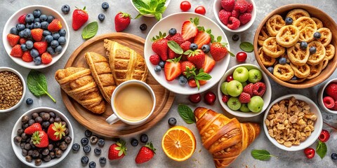 A delectable spread of fresh fruit, croissants, and cereal, perfect for a healthy and satisfying breakfast.
