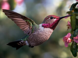 Hummingbird with vibrant feathers hovering near pink flowers