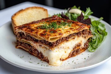 Delicious lasagna dish with salad