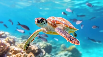 Fototapeta premium Sea Turtle Swimming in Clear Blue Ocean Water