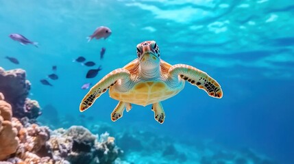 Obraz premium Graceful Sea Turtle Gliding Through Clear Blue Water