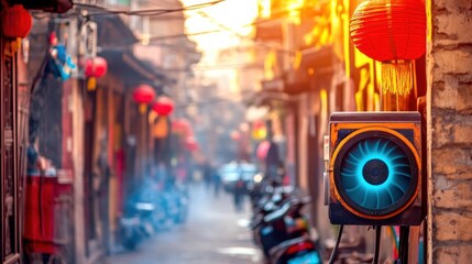 Obraz premium A vibrant street scene with lanterns and an industrial fan in a historical setting.