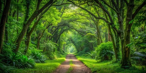 A winding dirt path leads through a dense, lush forest, dappled sunlight filtering through the canopy and illuminating the green foliage