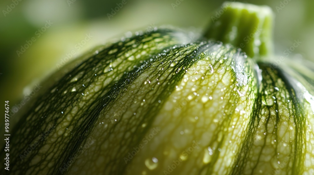 Sticker Close-up of a Green Zucchini with Dew Drops