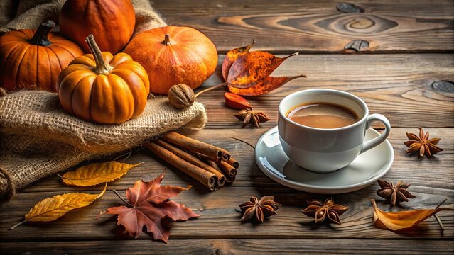 Aromatic Fall Coffee With Pumpkins, Leaves, Cinnamon Sticks and Star Anise on a Wooden Table