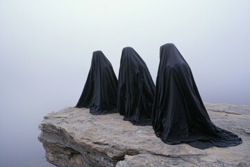 Naklejka premium Mysterious hooded figures on a rocky cliff