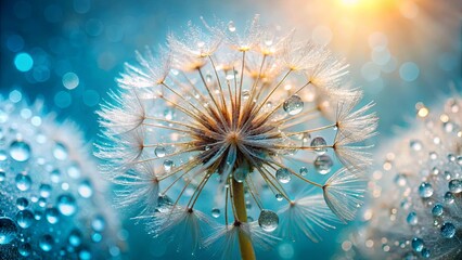 A Dandelion Seed Head Adorned with Dew Drops Against a Soft Blue and Yellow Background