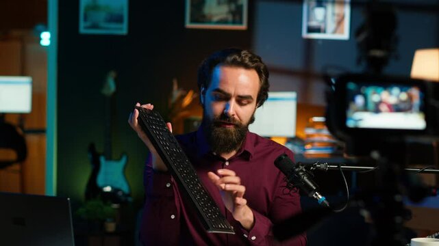 Influencer endorsing wireless mouse and keyboard from sponsor, showing functionalities. Internet star promotes computer peripherals from partnering brand to followers on social media, camera A