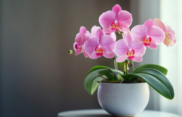 Pink Orchid Flower in White Pot on Pink Background