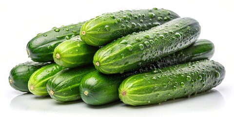 A group of fresh green cucumbers, covered in dew drops, arranged in a stack on a white background.