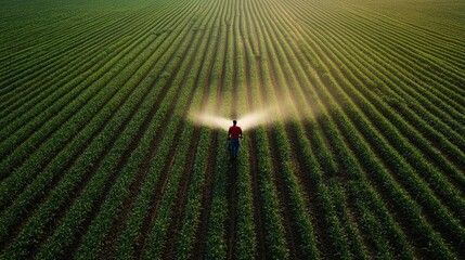 Modern Farming Techniques: Indian Farmer Using Drone for Fertilizer Spraying in Agricultural Field