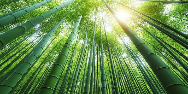 A serene view looking upward through a dense bamboo forest, sunlight filtering through the leaves and illuminating the tall, slender stalks
