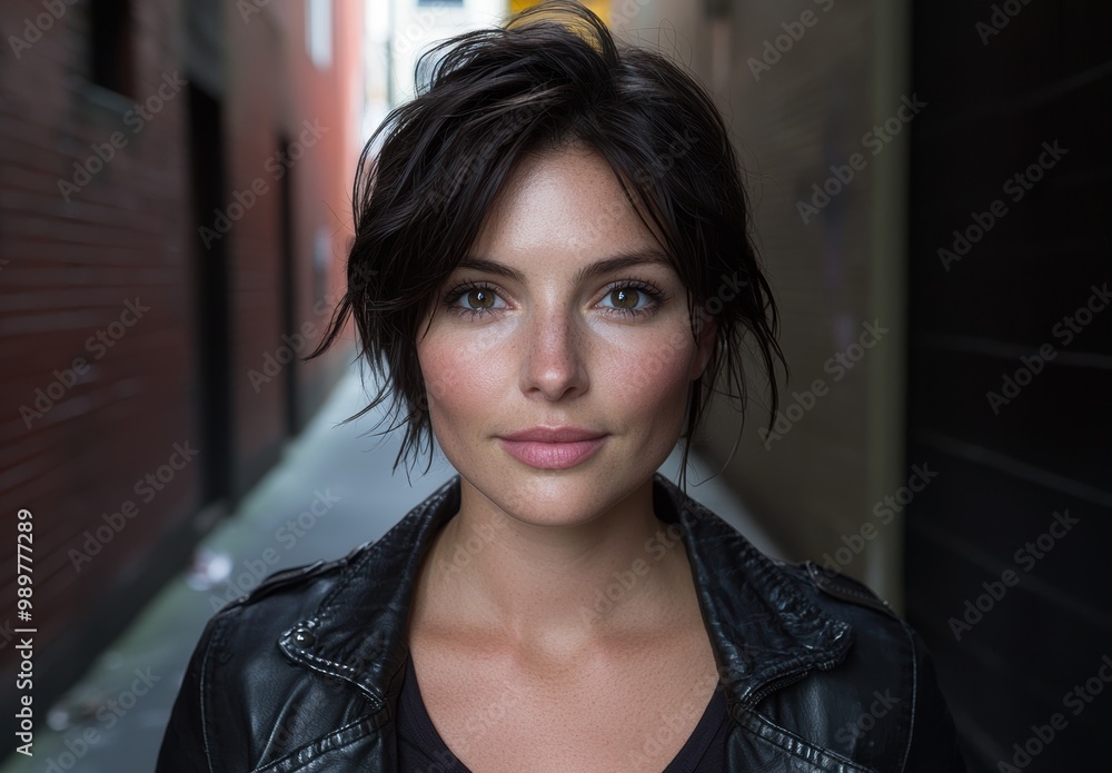 Sticker Confident woman with dark hair wearing leather jacket