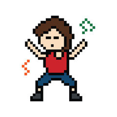 Cute pixel cartoon 8bit character man exercises training dance lifestyle music decoration life style 8 bit male boy dance with music game fitness isolated PNG vector.