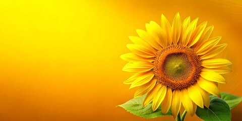 Obraz premium A vibrant sunflower with yellow petals and a dark brown center set against a bright yellow background, a symbol of warmth and happiness