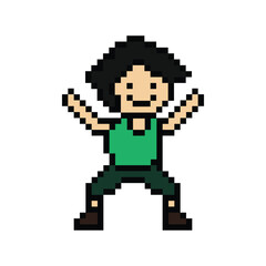 Fototapeta premium Cute pixel cartoon 8bit character man exercises training dance lifestyle music decoration life style 8 bit male boy dance with music game fitness isolated PNG vector.
