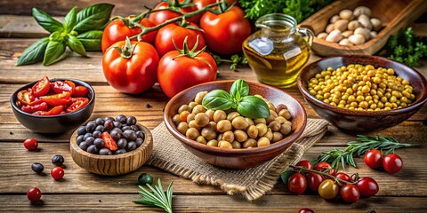 A rustic wooden table adorned with vibrant red tomatoes, a bowl of fresh green peas, and sprigs of rosemary, creating a captivating still life of fresh produce.